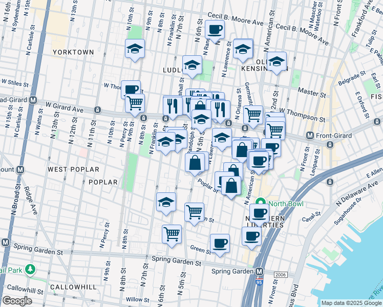 map of restaurants, bars, coffee shops, grocery stores, and more near 945 North Randolph Street in Philadelphia
