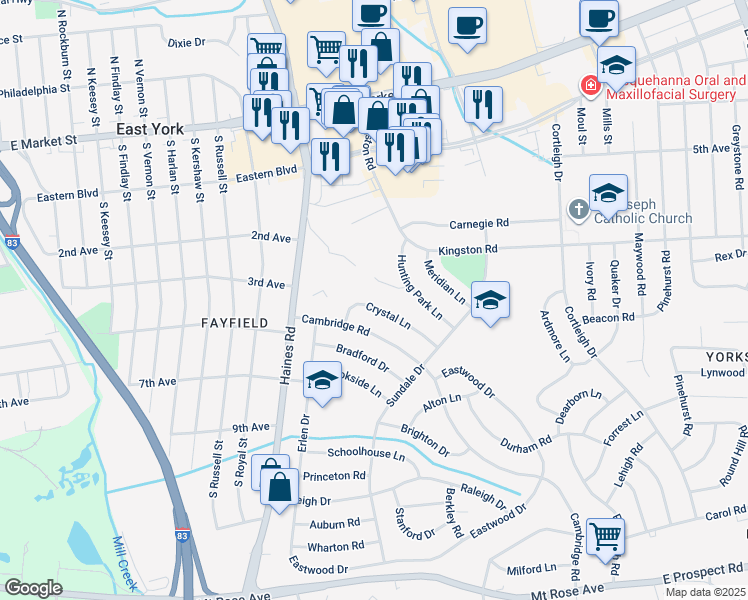 map of restaurants, bars, coffee shops, grocery stores, and more near 2438 Crystal Lane in East York