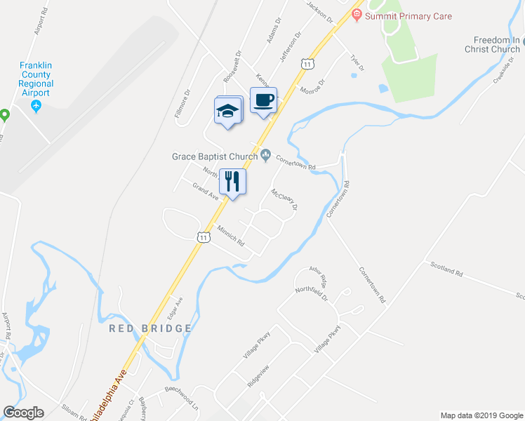 map of restaurants, bars, coffee shops, grocery stores, and more near 2358 McCleary Drive in Chambersburg