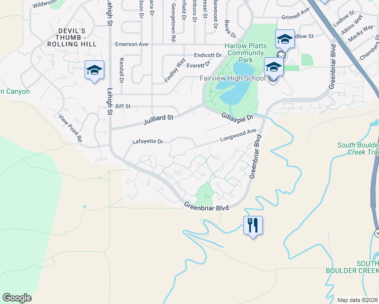 map of restaurants, bars, coffee shops, grocery stores, and more near 3230 Longwood Avenue in Boulder