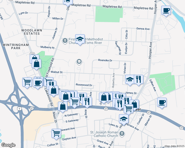 map of restaurants, bars, coffee shops, grocery stores, and more near 80 Rosewood Drive in Toms River