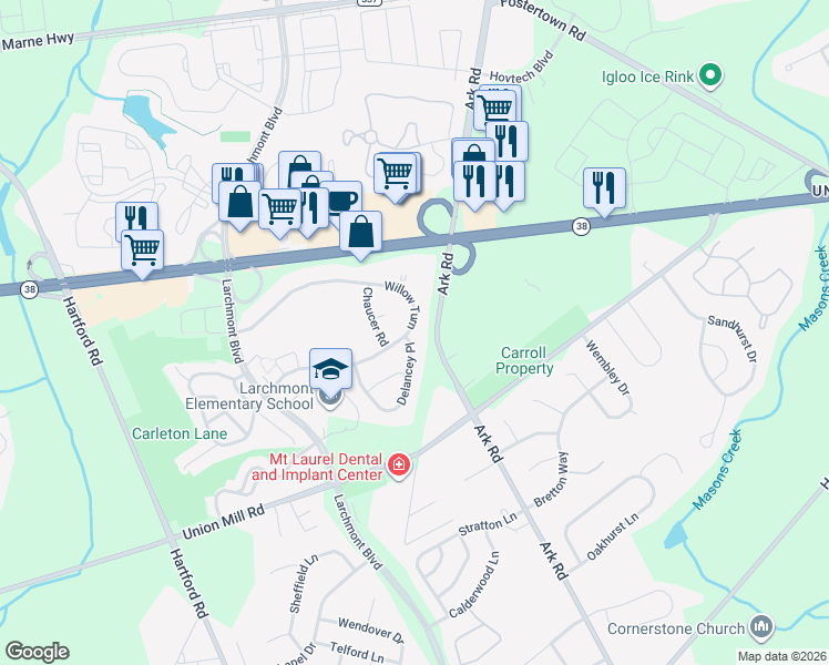map of restaurants, bars, coffee shops, grocery stores, and more near 326A Willow Turn in Mount Laurel Township