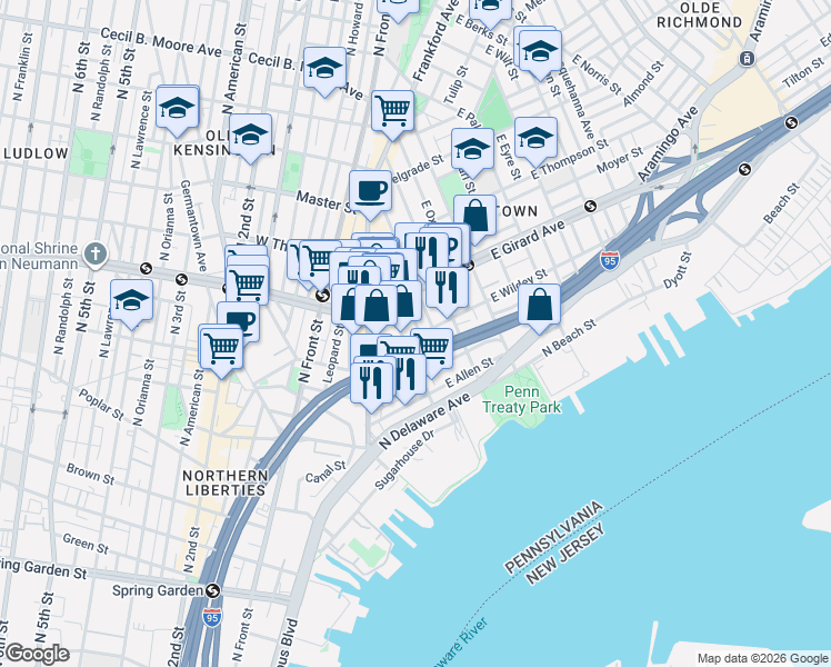 map of restaurants, bars, coffee shops, grocery stores, and more near 1019 Shackamaxon Street in Philadelphia