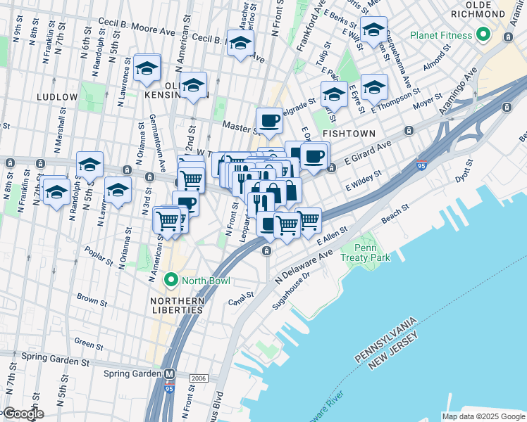 map of restaurants, bars, coffee shops, grocery stores, and more near 1113 Dunton Street in Philadelphia
