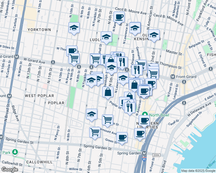 map of restaurants, bars, coffee shops, grocery stores, and more near 952 North 5th Street in Philadelphia