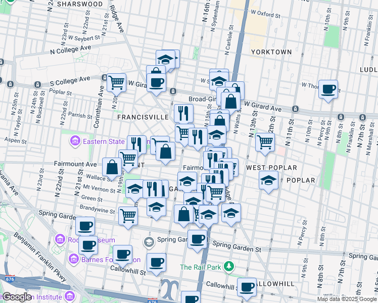 map of restaurants, bars, coffee shops, grocery stores, and more near 711 North 16th Street in Philadelphia
