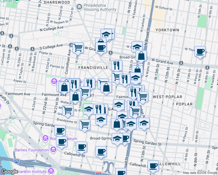 map of restaurants, bars, coffee shops, grocery stores, and more near 711 North 17th Street in Philadelphia