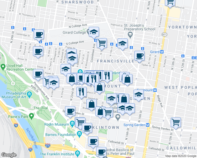 map of restaurants, bars, coffee shops, grocery stores, and more near in Philadelphia