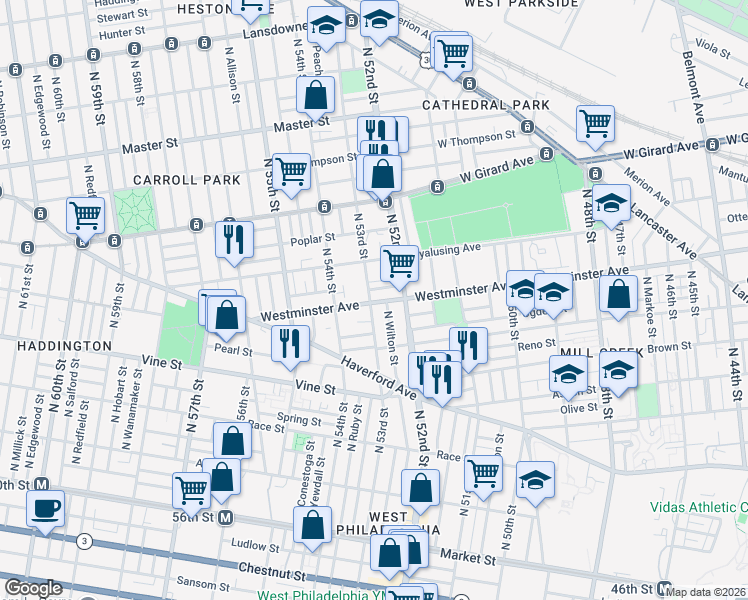 map of restaurants, bars, coffee shops, grocery stores, and more near 437 North 53rd Street in Philadelphia