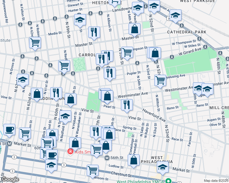 map of restaurants, bars, coffee shops, grocery stores, and more near 5612 Haverford Avenue in Philadelphia