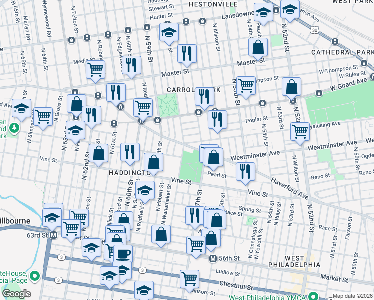 map of restaurants, bars, coffee shops, grocery stores, and more near 400 North 58th Street in Philadelphia