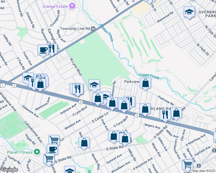 map of restaurants, bars, coffee shops, grocery stores, and more near 120 Academy Lane in Delaware County