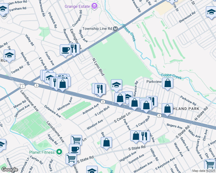 map of restaurants, bars, coffee shops, grocery stores, and more near 54 North Lynn Boulevard in Delaware County