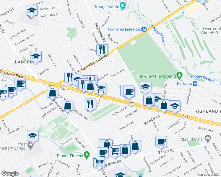 map of restaurants, bars, coffee shops, grocery stores, and more near 8699 West Chester Pike in Delaware County