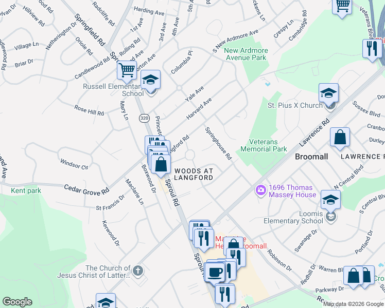 map of restaurants, bars, coffee shops, grocery stores, and more near 500 Hilldale Road in Broomall