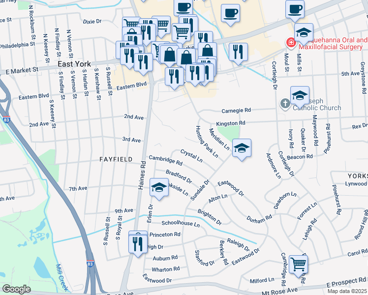 map of restaurants, bars, coffee shops, grocery stores, and more near 2438 Crystal Lane in East York