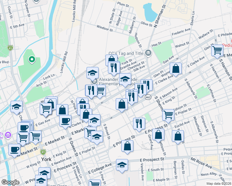 map of restaurants, bars, coffee shops, grocery stores, and more near 506 East Philadelphia Street in York