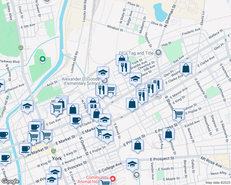map of restaurants, bars, coffee shops, grocery stores, and more near 429 East Philadelphia Street in York