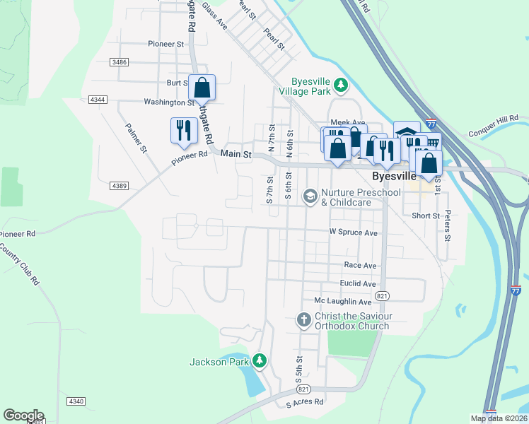 map of restaurants, bars, coffee shops, grocery stores, and more near 300 West Spruce Avenue in Byesville