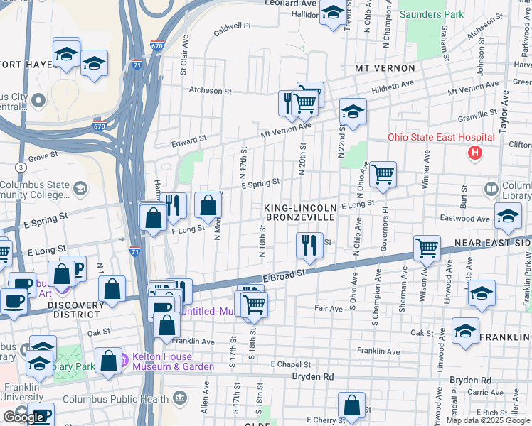 map of restaurants, bars, coffee shops, grocery stores, and more near 101 Miami Avenue in Columbus