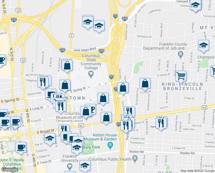 map of restaurants, bars, coffee shops, grocery stores, and more near 158 Kiefer Avenue in Columbus