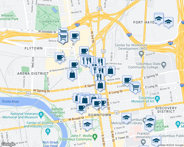 map of restaurants, bars, coffee shops, grocery stores, and more near 253 North 3rd Street in Columbus