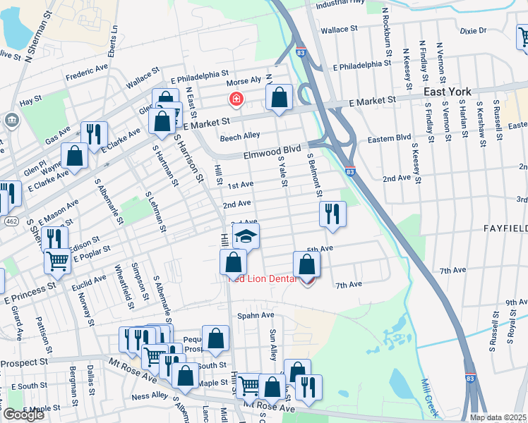 map of restaurants, bars, coffee shops, grocery stores, and more near 1505 3rd Avenue in York