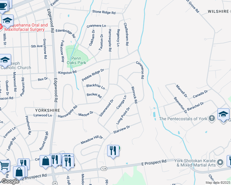map of restaurants, bars, coffee shops, grocery stores, and more near 3706 Silverwood Drive in York