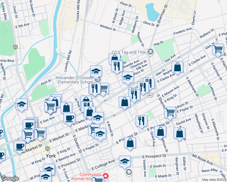 map of restaurants, bars, coffee shops, grocery stores, and more near 500 Walnut Street in York