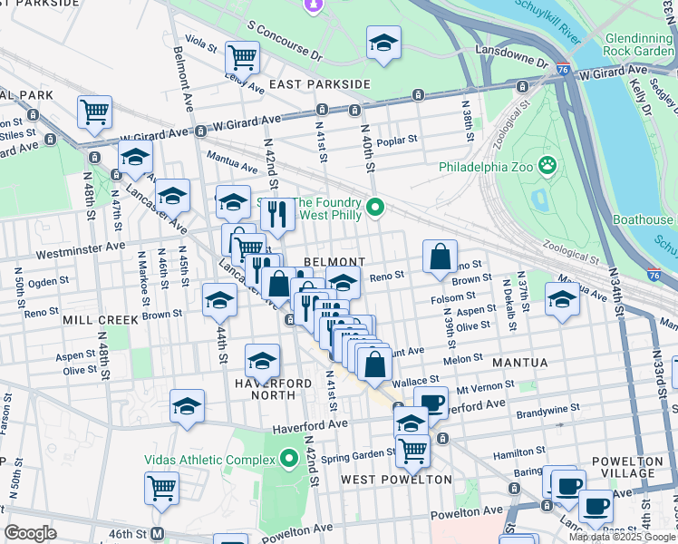 map of restaurants, bars, coffee shops, grocery stores, and more near 829 North 41st Street in Philadelphia