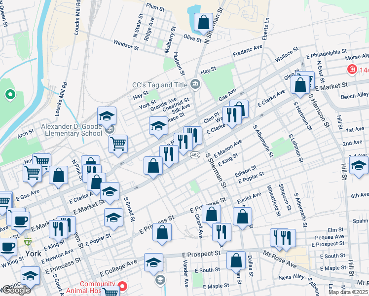 map of restaurants, bars, coffee shops, grocery stores, and more near 30 North Franklin Street in York