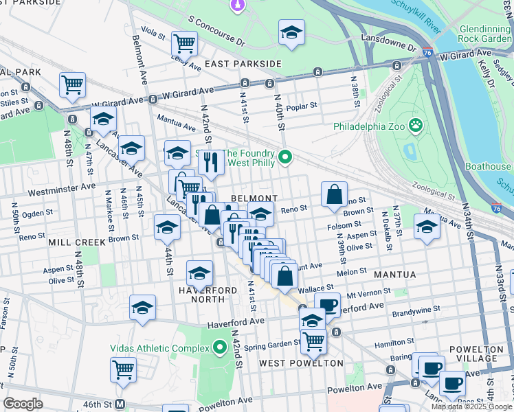 map of restaurants, bars, coffee shops, grocery stores, and more near 829 North 41st Street in Philadelphia