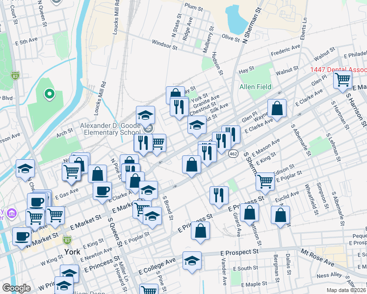 map of restaurants, bars, coffee shops, grocery stores, and more near 506 East Philadelphia Street in York
