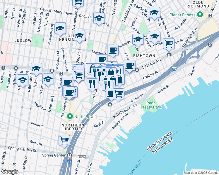 map of restaurants, bars, coffee shops, grocery stores, and more near 1144 Frankford Avenue in Philadelphia