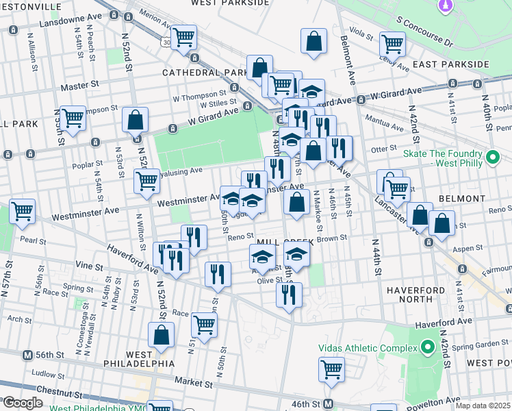 map of restaurants, bars, coffee shops, grocery stores, and more near 879 North 49th Street in Philadelphia