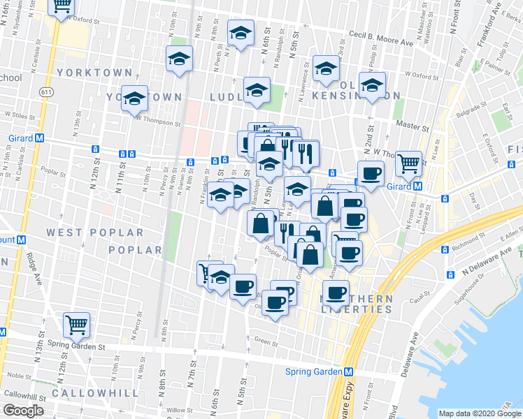 map of restaurants, bars, coffee shops, grocery stores, and more near 952 North 5th Street in Philadelphia