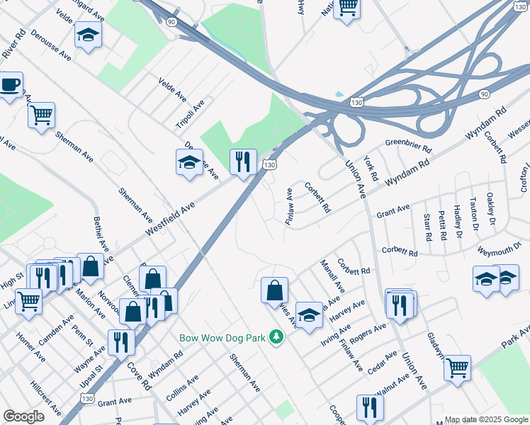 map of restaurants, bars, coffee shops, grocery stores, and more near 7300 North Crescent Boulevard in Pennsauken Township