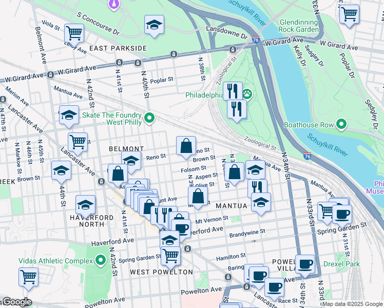 map of restaurants, bars, coffee shops, grocery stores, and more near 3856 Reno Street in Philadelphia
