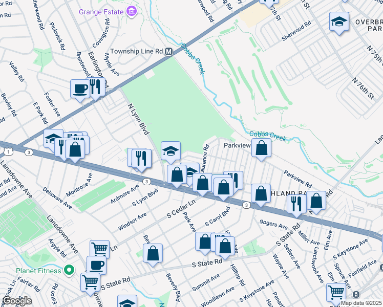 map of restaurants, bars, coffee shops, grocery stores, and more near 128 Academy Lane in Upper Darby