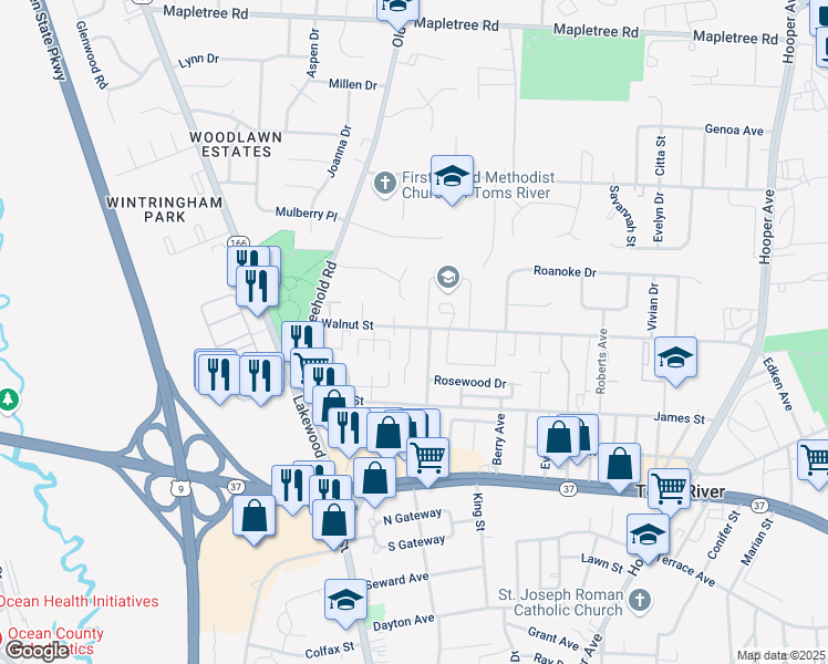 map of restaurants, bars, coffee shops, grocery stores, and more near 956 Park Crest Road in Toms River