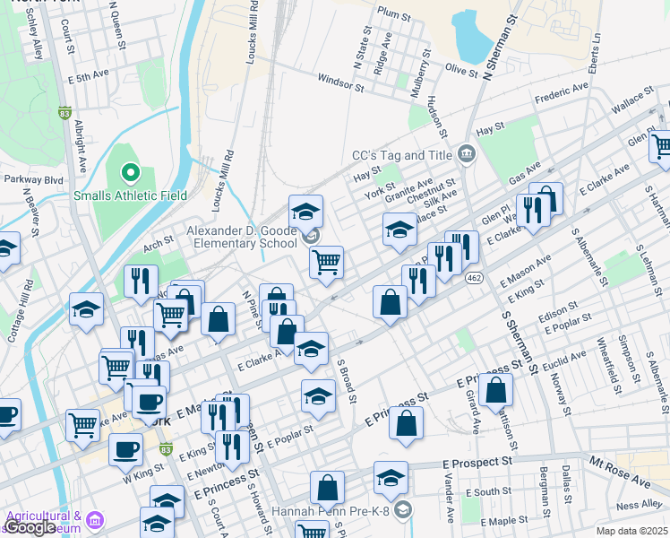 map of restaurants, bars, coffee shops, grocery stores, and more near 441 Walnut Street in York
