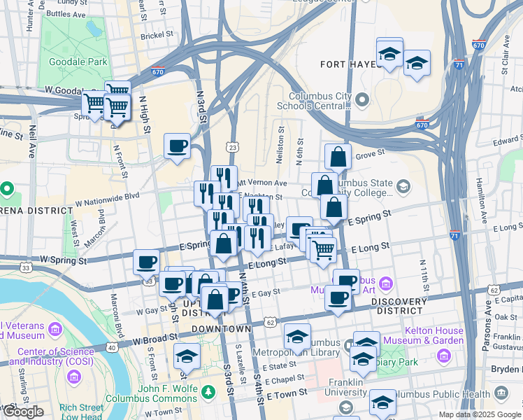 map of restaurants, bars, coffee shops, grocery stores, and more near 7641 Mckee Alley in Columbus