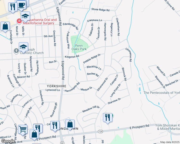 map of restaurants, bars, coffee shops, grocery stores, and more near 3415 Becket Road in York
