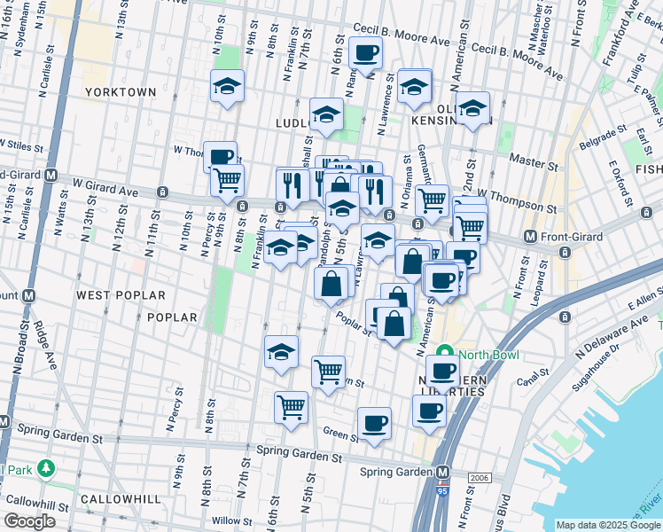 map of restaurants, bars, coffee shops, grocery stores, and more near 941 North 5th Street in Philadelphia