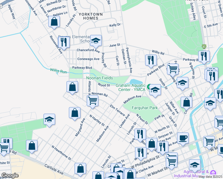 map of restaurants, bars, coffee shops, grocery stores, and more near 741 Village Road in York