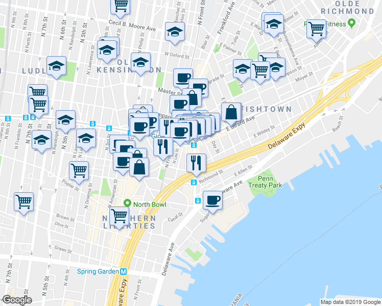 map of restaurants, bars, coffee shops, grocery stores, and more near 1146 Frankford Avenue in Philadelphia
