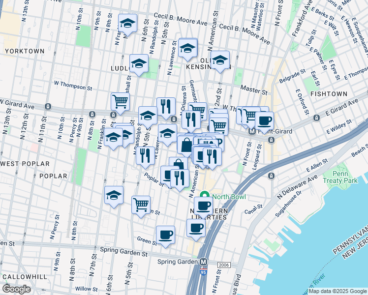 map of restaurants, bars, coffee shops, grocery stores, and more near 1112 North 3rd Street in Philadelphia