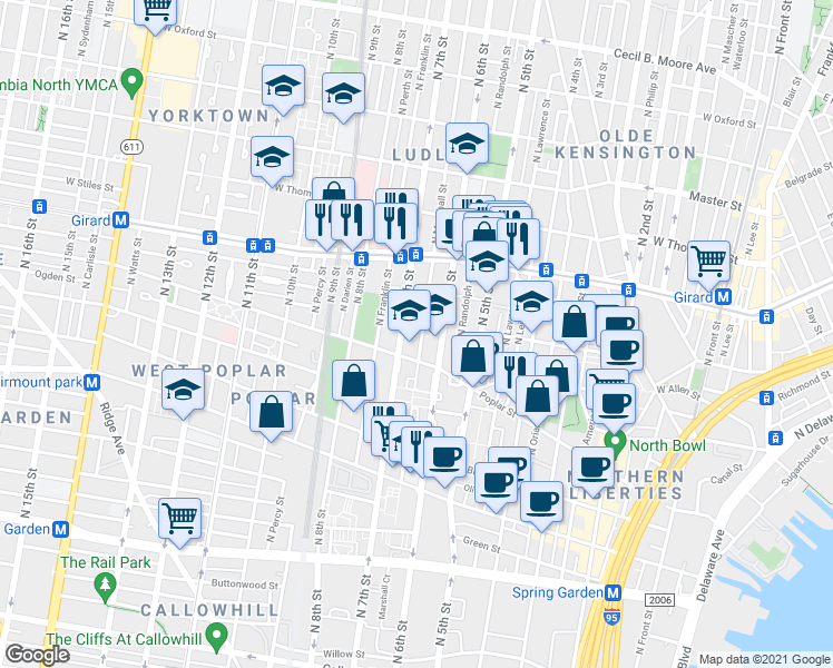 map of restaurants, bars, coffee shops, grocery stores, and more near 865 North 7th Street in Philadelphia