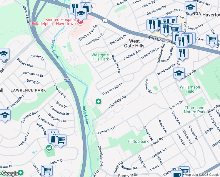 map of restaurants, bars, coffee shops, grocery stores, and more near 327 Crescent Hill Drive in Havertown