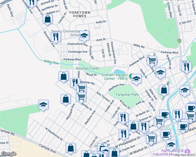 map of restaurants, bars, coffee shops, grocery stores, and more near 741 Village Road in York